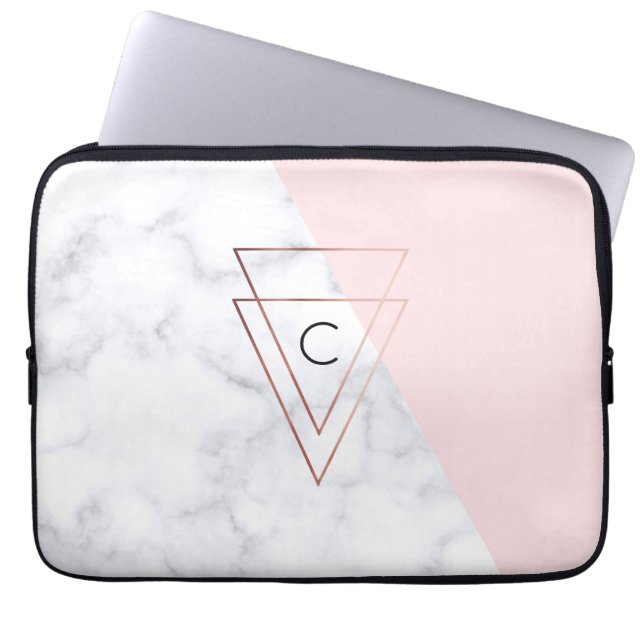 elegant rose gold triangles white marble pink laptop sleeve (Front)