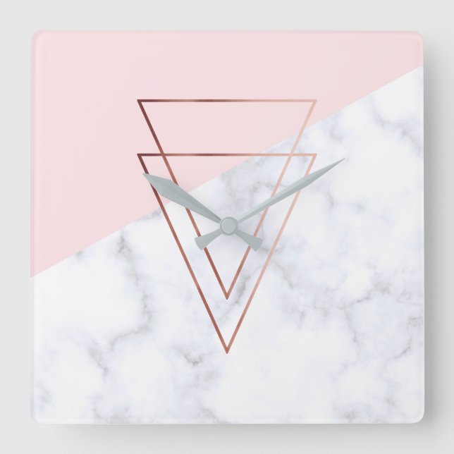 elegant rose gold triangles white marble pink square wall clock (Front)