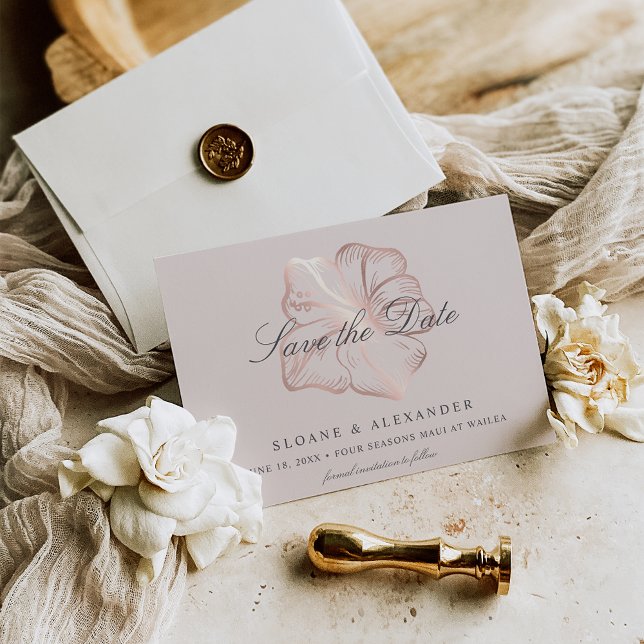 Elegant Rose Gold Tropical Hibiscus Flower Wedding Save The Date (Creator Uploaded)