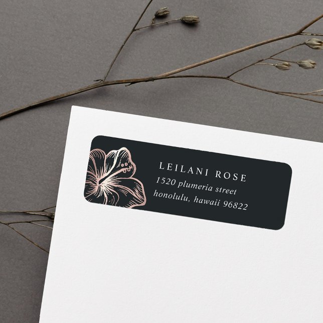 Elegant Rose Gold Tropical Hibiscus Return Address (Creator Uploaded)