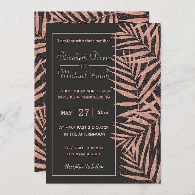 Elegant rose gold Tropical leaves wedding artwork Invitation (Front/Back)