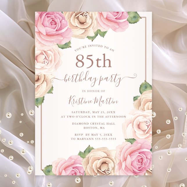 Elegant Rose Gold Watercolor Floral 85th Birthday Invitation (85th birthday party invitation with pink roses)