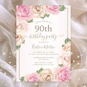 Elegant Rose Gold Watercolor Floral 90th Birthday Invitation Postcard