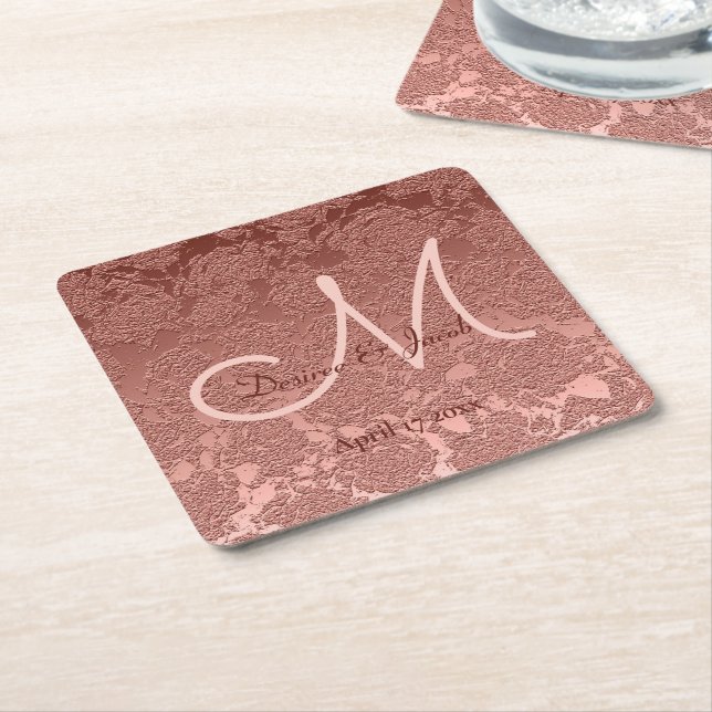 Elegant Rose Gold Wedding Reception Monogram Square Paper Coaster (Angled)