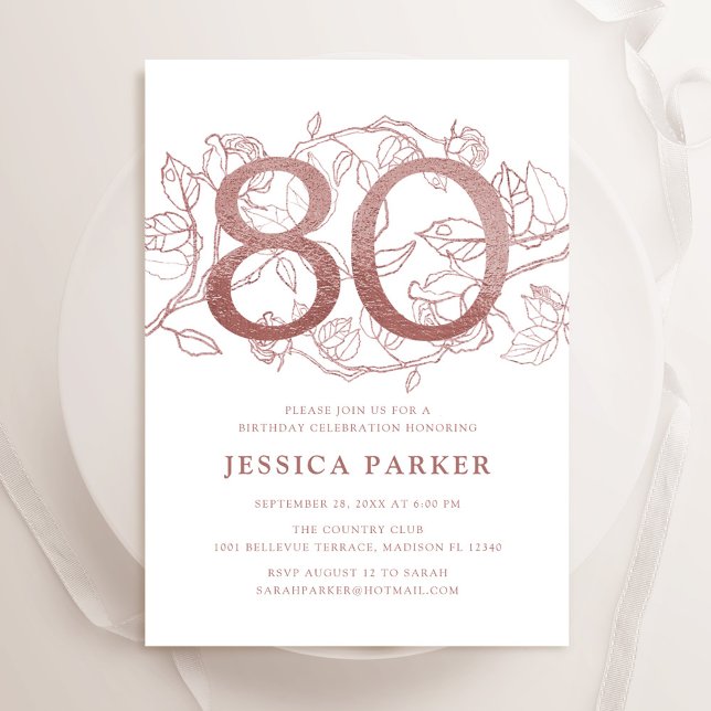 Elegant Rose Gold White 80th Birthday Invitation (Creator Uploaded)