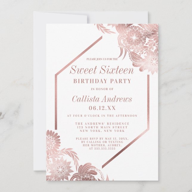 Elegant Rose Gold White Floral Frame Sweet 16 Invitation (Front)