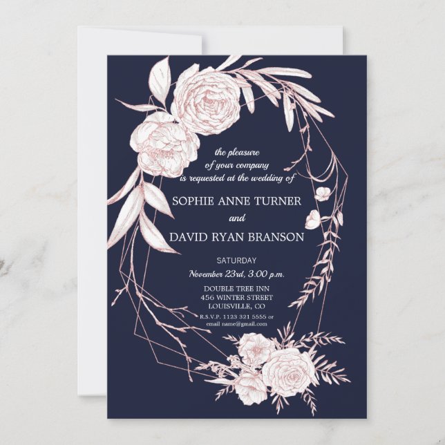 Elegant Rose Gold White Flowers Geometric Wedding Invitation (Front)