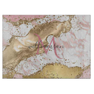 Elegant Rose Gold   White Marble Monogram  Cutting Board