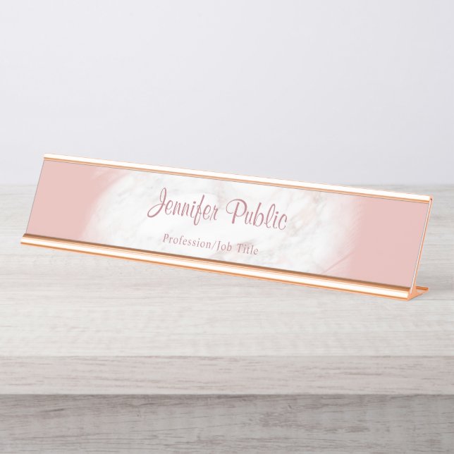 Elegant Rose Gold White Marble Template Modern Desk Name Plate (Front)