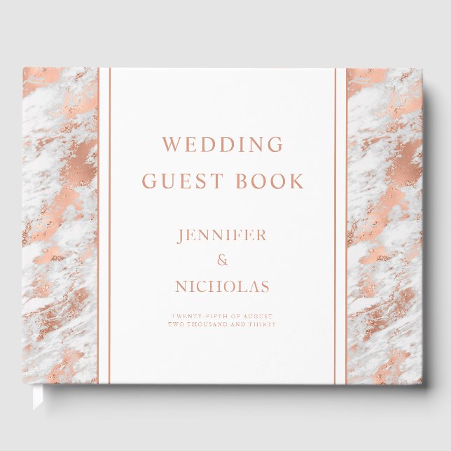 Elegant Rose Gold White Marble Wedding Guest Boo Guest Book (Front)