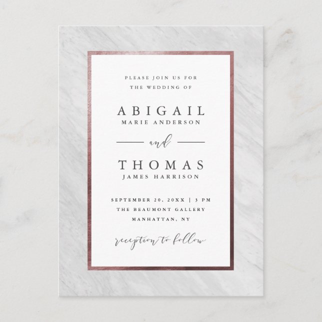 Elegant Rose Gold & White Marble Wedding Invitation Postcard (Front)