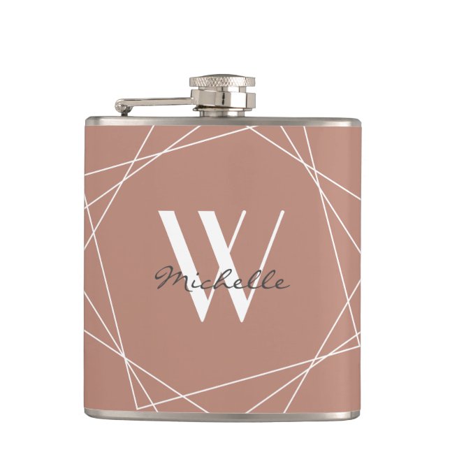 Elegant Rose Gold White Monogram Geometric Name Hip Flask (Front)