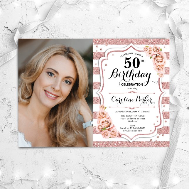 Elegant Rose Gold White Photo 50th Birthday Invitation (Creator Uploaded)