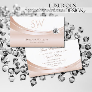 Elegant Rose Gold White with Monogram and Diamond Business Card
