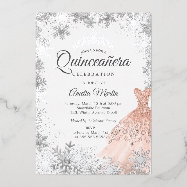 Elegant Rose Gold Winter Snowflake Quinceanera (Front)