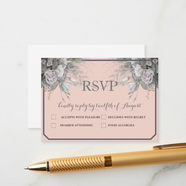 Elegant Rose Grey & Grey Menu Choice RSVP Postcard (Front/Back In Situ)