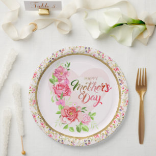 Elegant Rose Heart Happy Mother’s Day Party Paper Plate