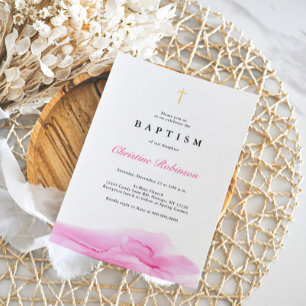 Elegant Rose Ink Gold Cross Baptism & Christening  Invitation
