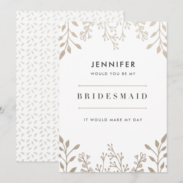 Élégant Rose Leafy Gold Bridesmaid Invitation (Devant / Derrière)