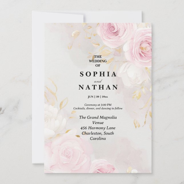 Elegant Rose & Lily Floral Wedding Invitation (Front)