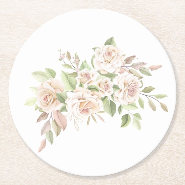 Elegant Rose Love Blush Pink Floral Wedding Round  Round Paper Coaster (Front)