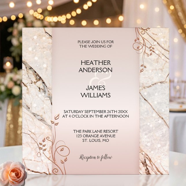 Élégant Rose marbre or Faire-part de mariage flora (Wedding invitation featuring rose gold floral swirls on pink marble with elegant  light sparkles)