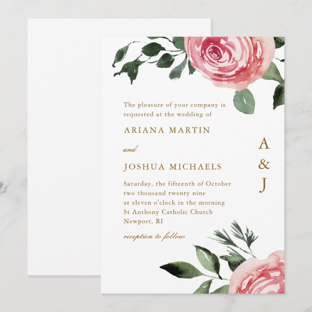 Élégant Rose Monogramme Faire-part de mariage (Devant / Derrière)