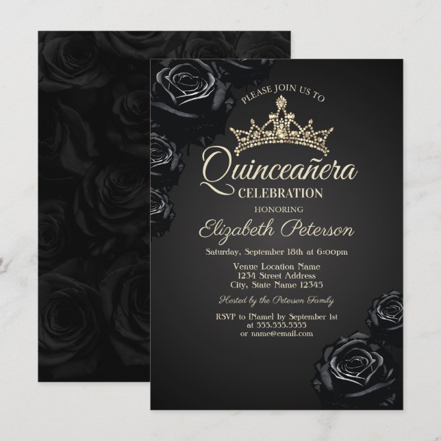 Elégant Rose noir gothique Quinceañera Invitation (Devant / Derrière)