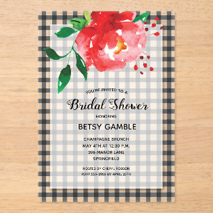 Elegant Rose on Gingham Bridal Shower Acrylic Invitations