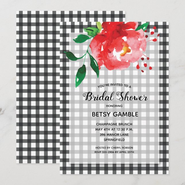 Elegant Rose on Gingham Bridal Shower Invitation (Front/Back)