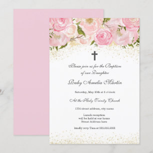 Élégant rose or étincelant Rose Baptême Invitation