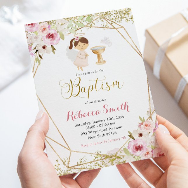 Élégant rose Or Floral Girl Baptism Invitation (Créateur téléchargé)