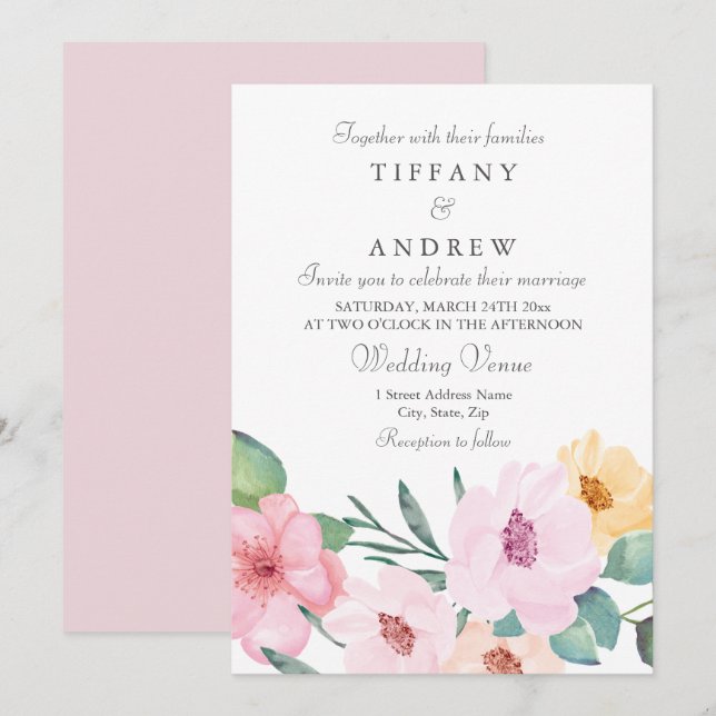 Elégant rose Peach Jaune Mariage Floral Invitation (Devant / Derrière)
