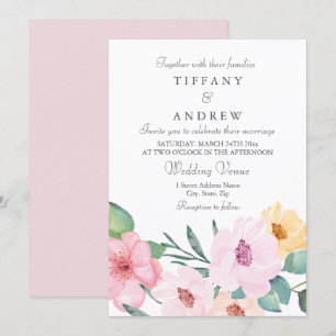 Elégant rose Peach Jaune Mariage Floral Invitation