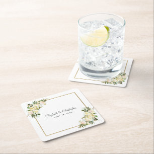 Elegant Rose   Personalized Wedding White Square Paper Coaster