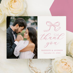Elegant Rose Pink Bow Photo Wedding Thank You Card
