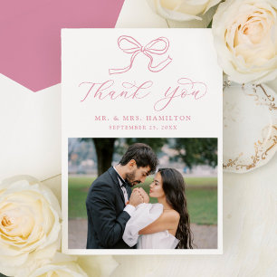 Elegant Rose Pink Bow Photo Wedding Thank You Card