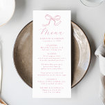Elegant Rose Pink Bow Wedding Menu<br><div class="desc">Add a romantic and refined touch to your wedding reception with this rose pink bow wedding menu. The design features a delicate hand-drawn bow in a warm rose hue, paired with "Menu" written in elegant calligraphy at the top. Personalize it with your names, wedding date, and menu selections to match...</div>
