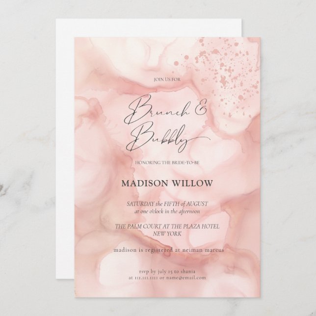 Elegant Rosé Pink Brunch Bubbly Bridal Shower Invitation (Front/Back)