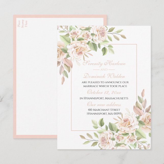 Elegant Rose Pink Floral Just Married Wedding  Announcement Postcard (Front/Back)
