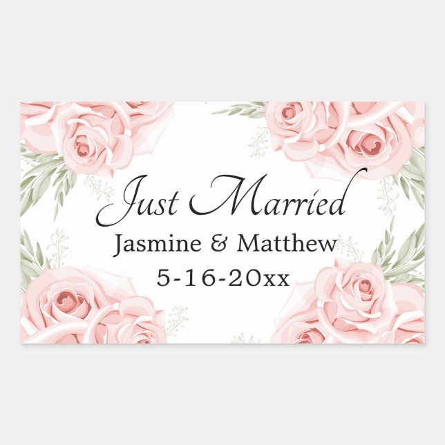 Elegant Rose Pink Floral Wedding Just Married Clas Sticker (Front)