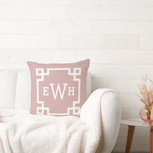 Elegant Rose Pink Greek Key Monogram Initial Throw Pillow