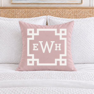 Elegant Rose Pink Greek Key Monogram Initial Throw Pillow