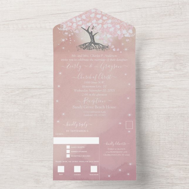Elegant Rose Pink Heart Leaf Tree Wedding All In One Invitation (Inside)
