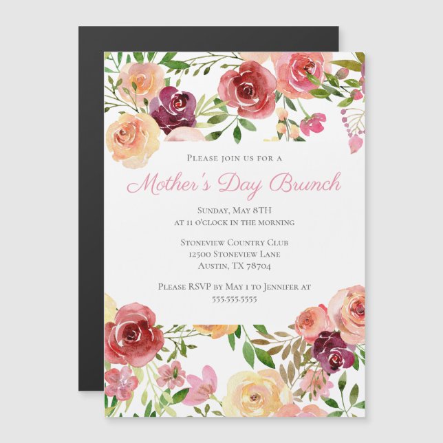 Elegant Rose Pink Peony Floral Mother's Day Brunch Magnetic Invitation (Front/Back)