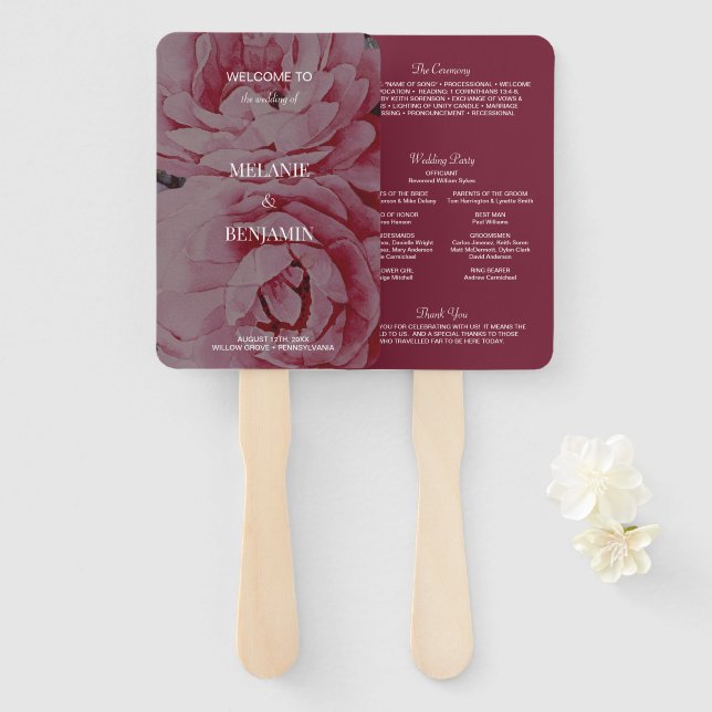 Elegant Rose Pink Romantic Floral Wedding Program Hand Fan (Front and Back)