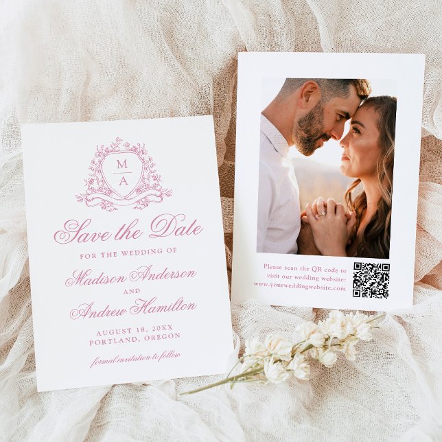 Elegant Rose Quartz Crest Monogram Photo Wedding Save The Date (Creator Uploaded)