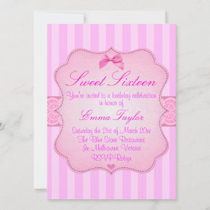 Élégant rose rayé sucré16 Invitation d'anniversair