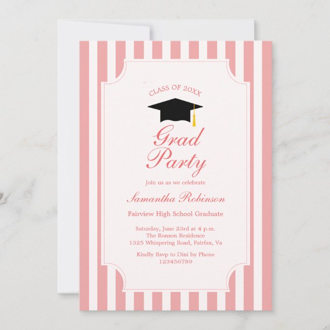 Élégant rose rayures Graduation Party Invitation (Devant)