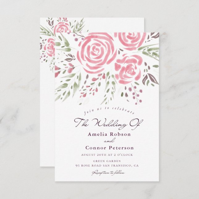 Elegant Rose Romance Watercolor  Invitation (Front/Back)